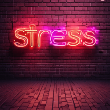 The word STRESS in red purple and orange neon on a deep purple brick wall