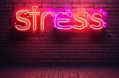 The word STRESS in red purple and orange neon on a deep purple brick wall