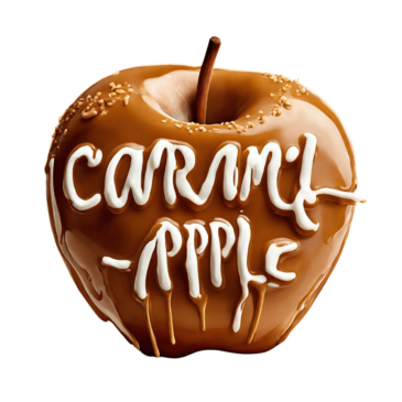 A caramel apple with the words caramel apple written in white