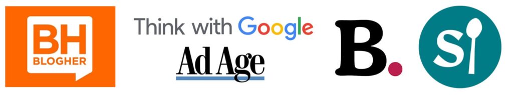 Logos for BlogHer, Think With Google, Ad Age, The Beet, and Splendid Spoon