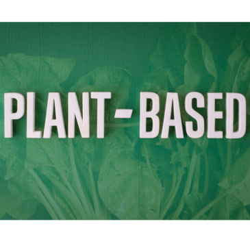 The words plant based in white on a green background