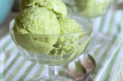 Three scoops of avocado ice cream in a bowl