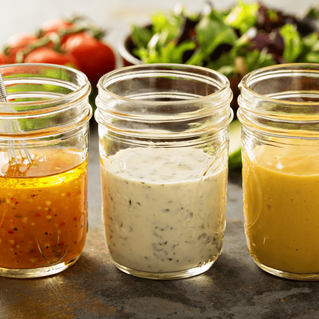 Various salad dressings in mason jars