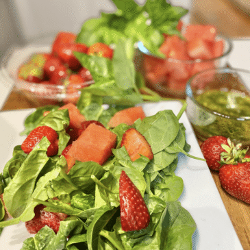 Fresh Watermelon Strawberry Basil Salad for a plant-based 4th of July