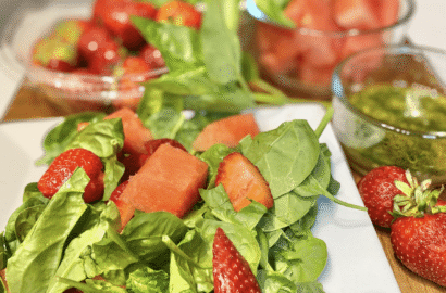 Fresh Watermelon Strawberry Basil Salad for a plant-based 4th of July