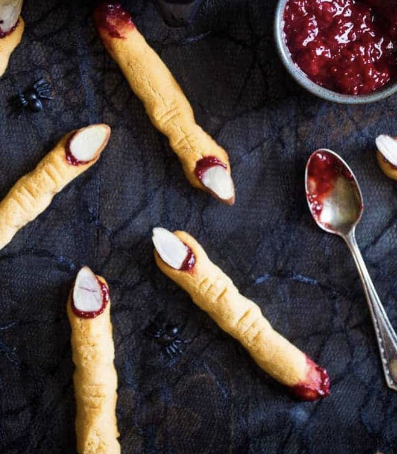 Witch Finger cookies made with strawberry jelly