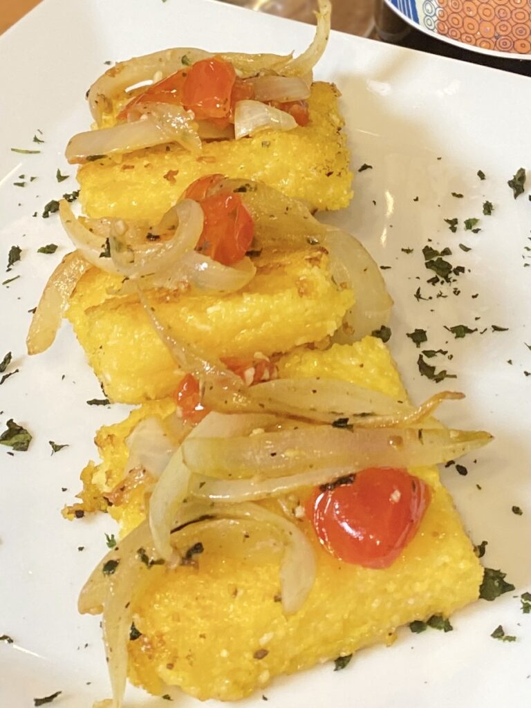 Fried Polenta with Sautéed Onions, Tomatoes, Garlic and Basi