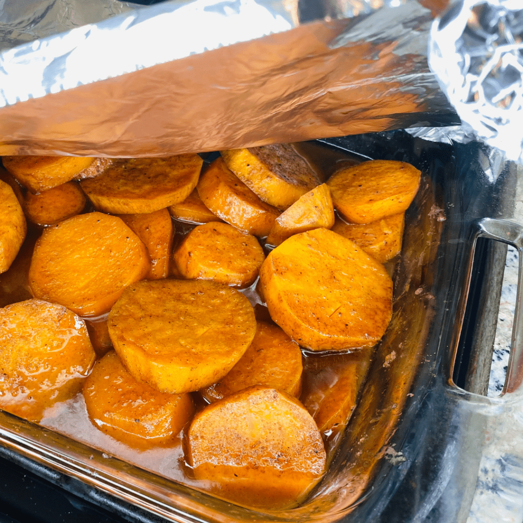Candied Yams in a glass dish