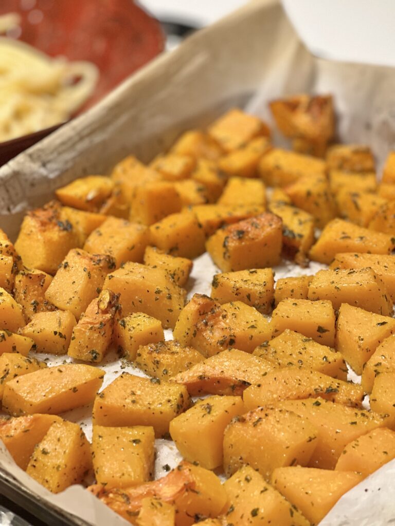 Roasted Butternut Squash on a cookie sheet