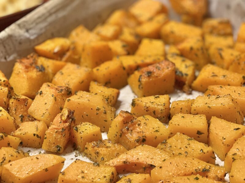 Roasted Butternut Squash on a cookie sheet