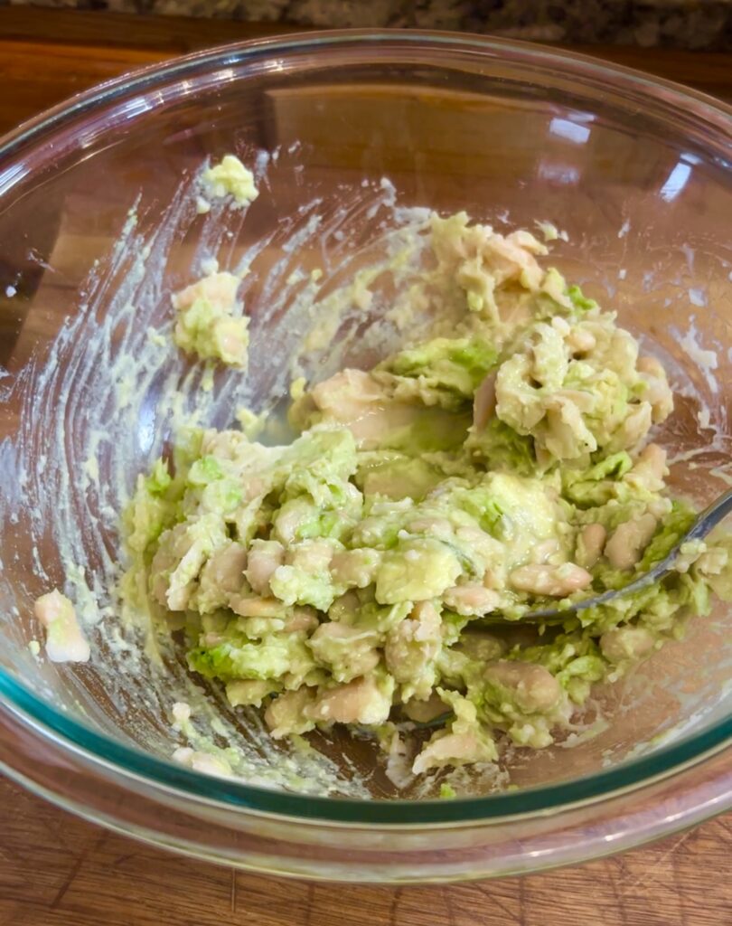 Making the avocado and white bean filling for the cheese free quesadilla