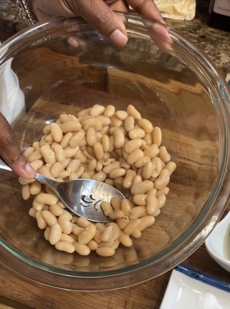 bowl of white beans for cheese free quesadilla