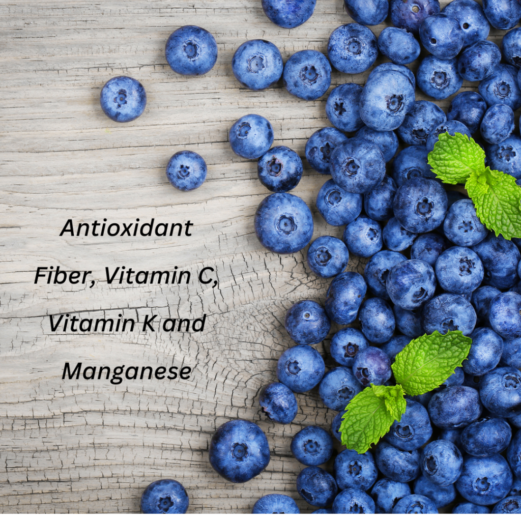 Blueberries  and the words antioxidant, fiber, vitamin c and manganese