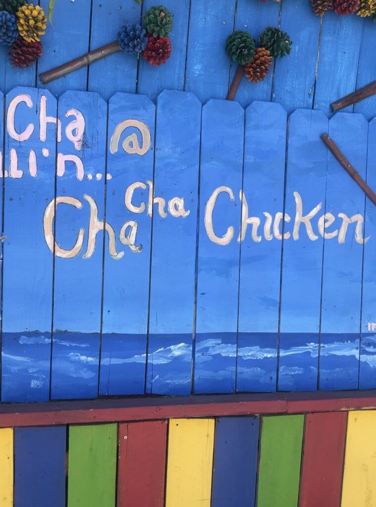 The words Cha Cha Chicken on wall in Santa Monica