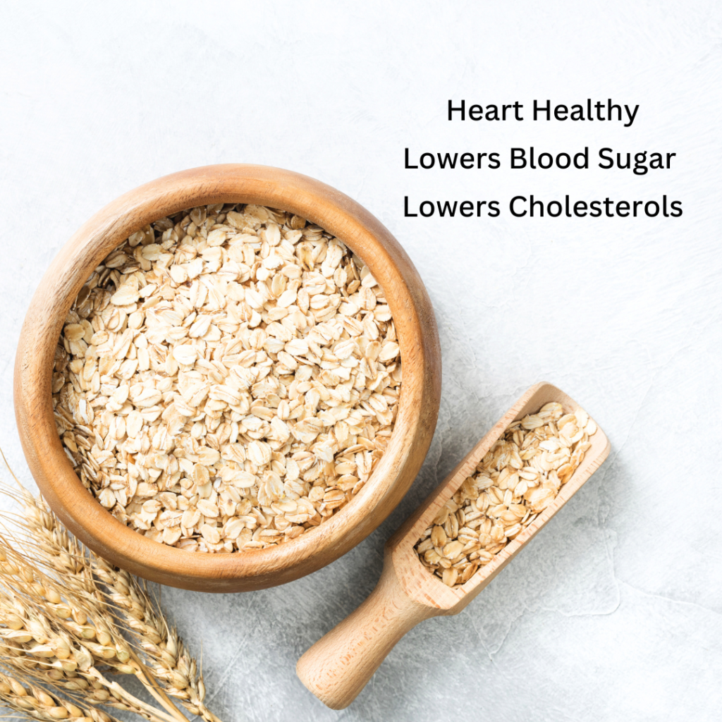 Oatmeal in a bowl and on a large spoon with the words heart healthy, lowers blood sugar, lowers cholesterol