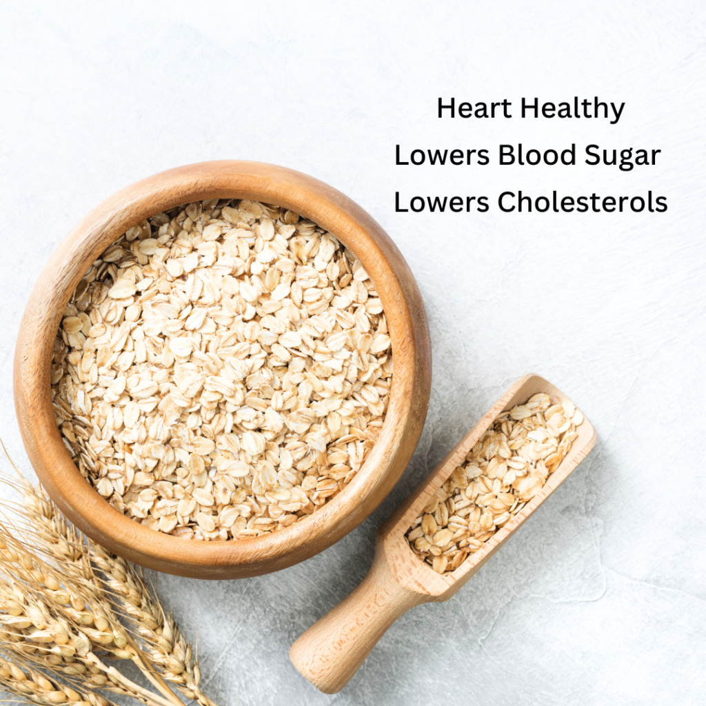 Rolled Oats in a bowl and on a large spoon with the words heart healthy, lowers blood sugar, lowers cholesterol