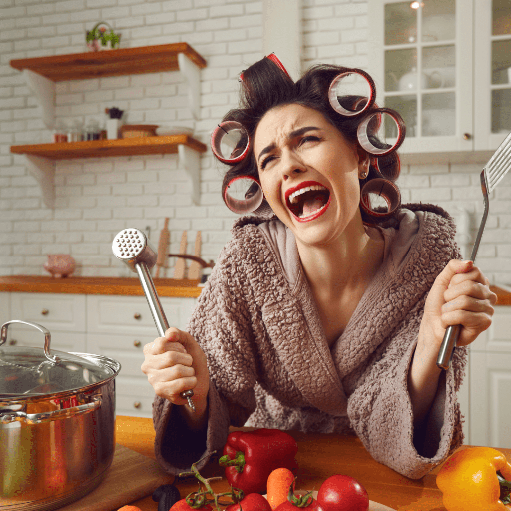 woman in kitchen screaming