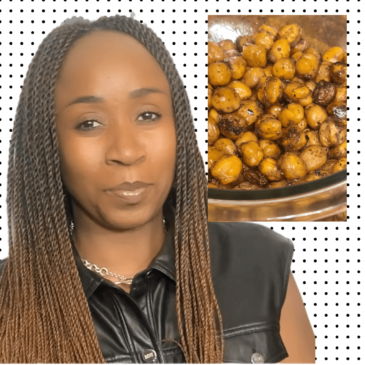 Woman in front of bowl of roasted jerk spice chickpeas