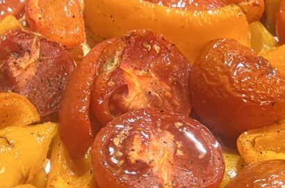 Close up of roasted tomatoes and peppers
