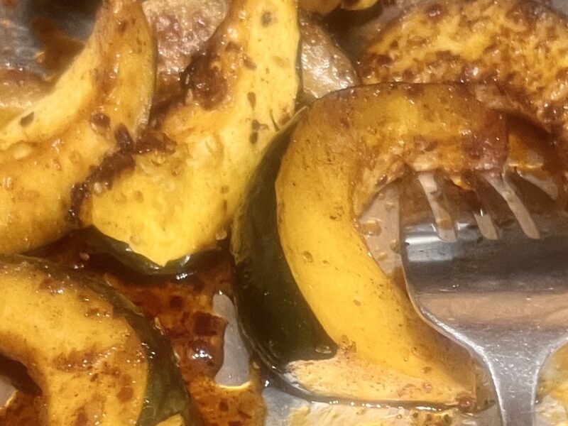 Spicy Maple Acorn Squash on Cookie Sheet