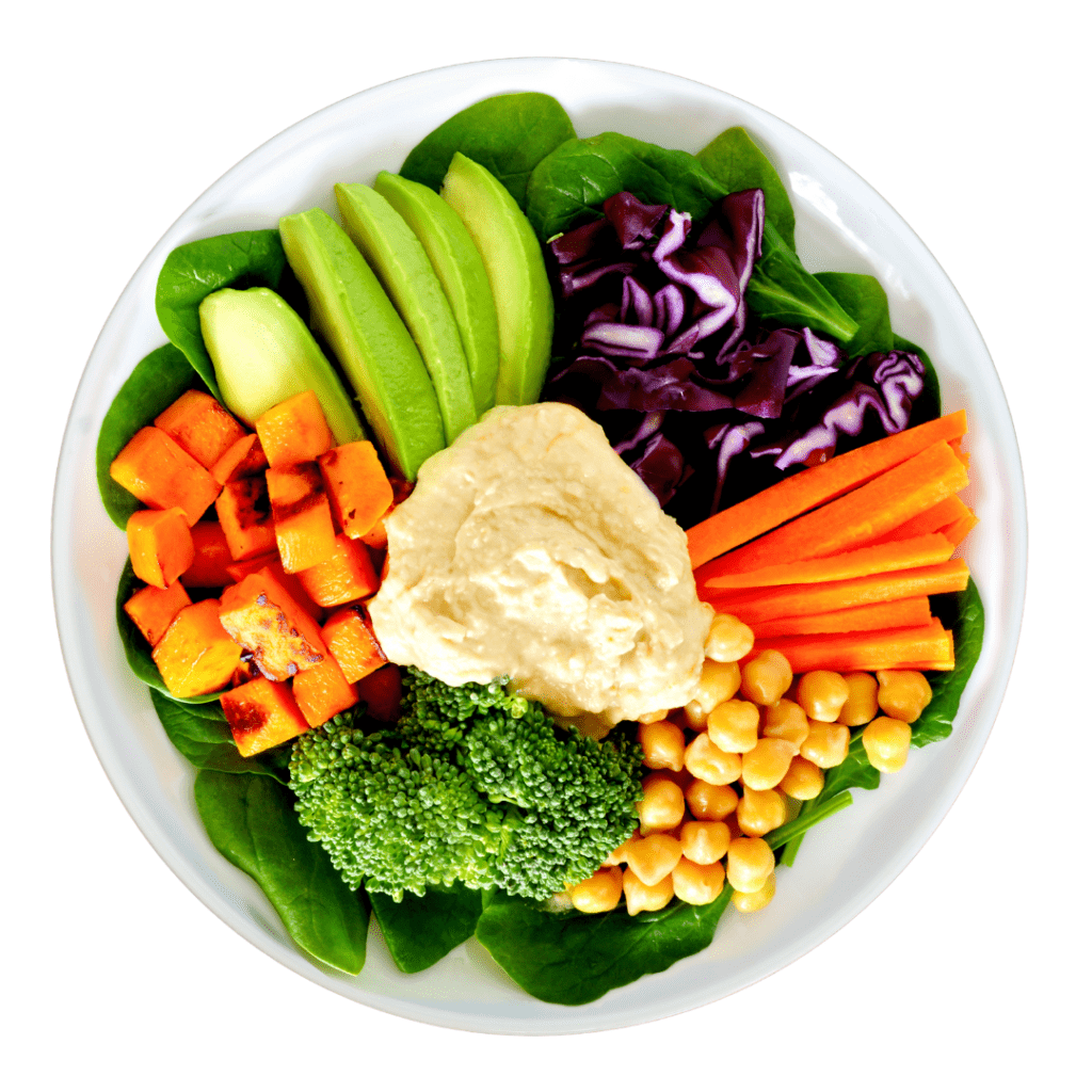 Avocado in a bowl with cauliflower, carrots, chickpeas and other vegetables