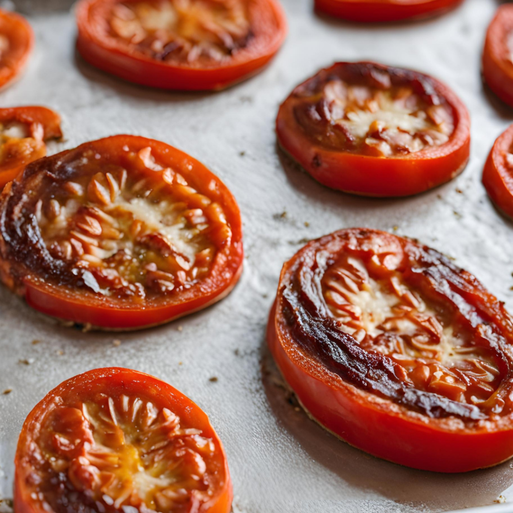 slow roasted tomatoes on a cookie sheet