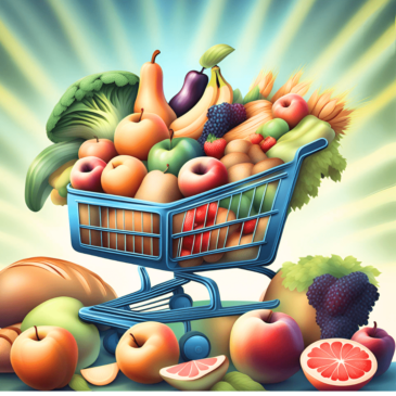 An illustration of a grocery cart over stuffed with fruits, vegetables and breads