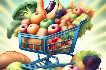 An illustration of a grocery cart over stuffed with fruits, vegetables and breads