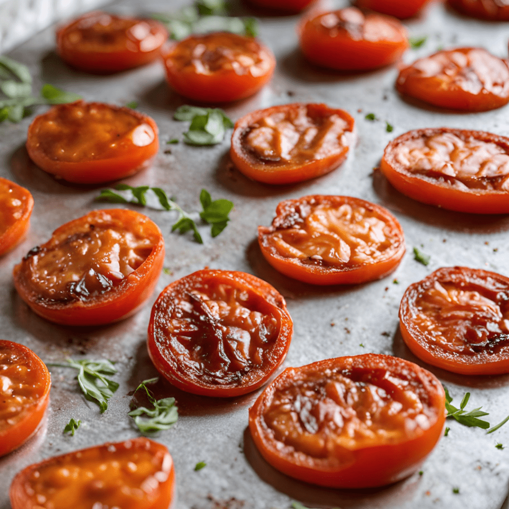 slow roasted tomatoes and herbs on a cookie sheet