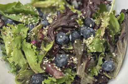 Blueberry hemp seed salad with spring mix and balsamic vinaigrette